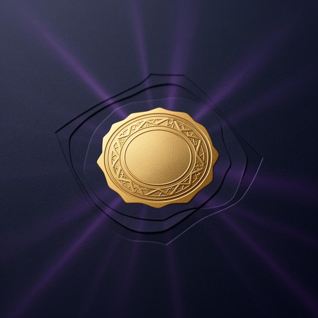 Embossed gold certification medallion on indigo